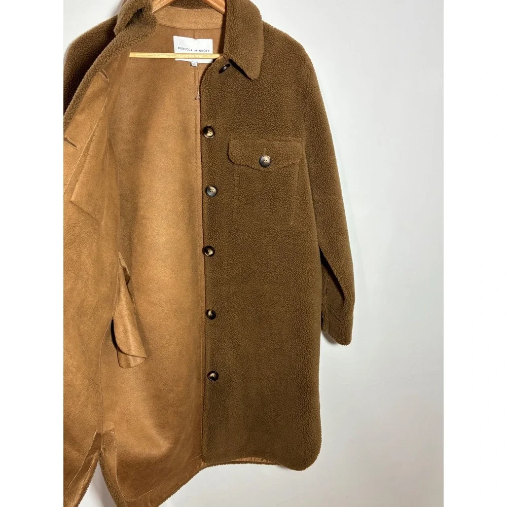Rebecca Minkoff Shacket Womens L Brown Sherpa Long Teddy Coat Faux Suede Lining - Picture 3 of 11